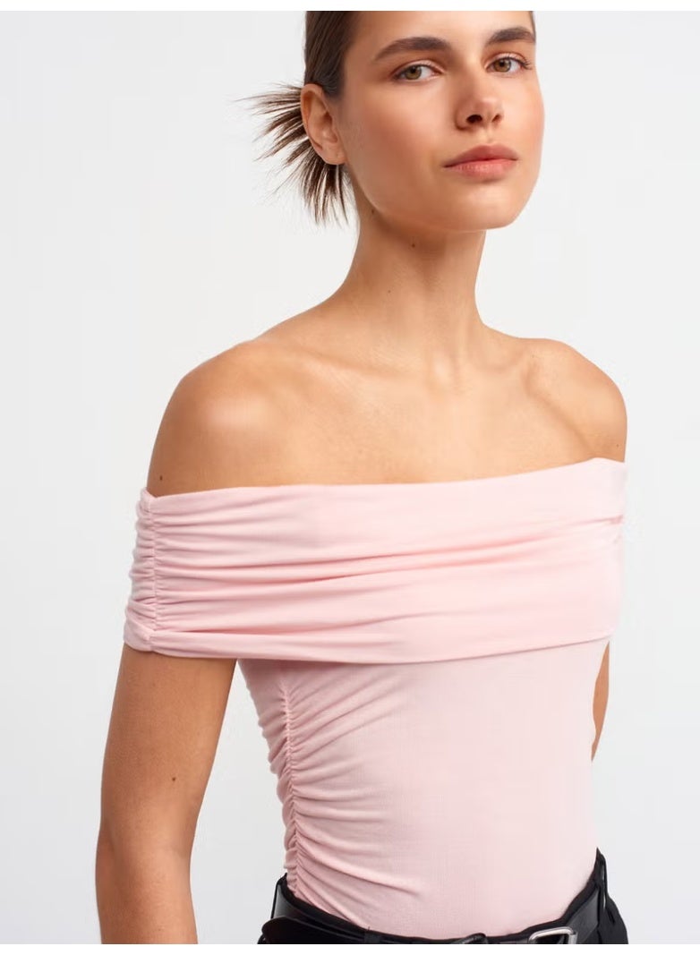 Dilvin 30902 Off Shoulder Gathered Top-Powder - Image 4